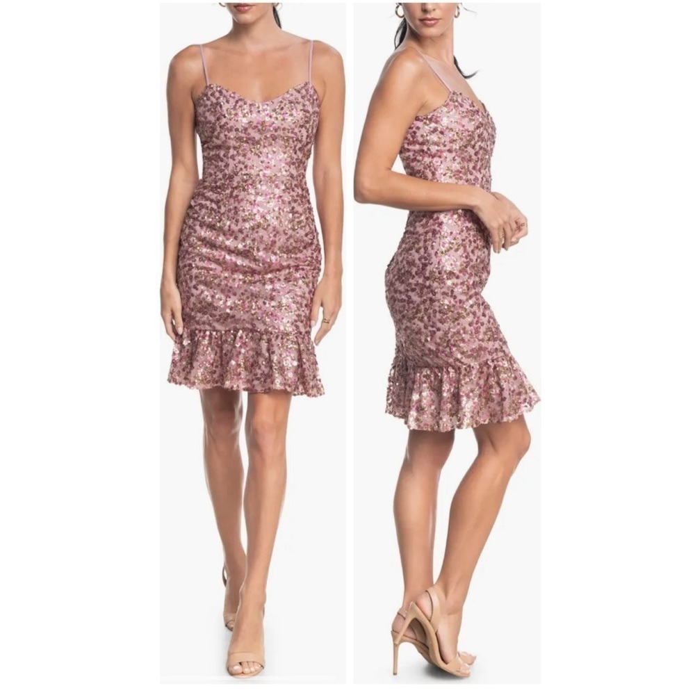 DRESS THE POPULATION Kaya Sequin Embellished Pink Ruffle Hem Cocktail Mini Dress